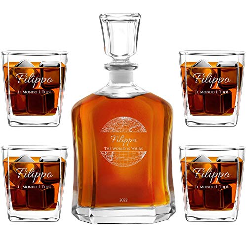 Maverton Set Decanter per Whisky in vetro - da 700 ml - incisione personalizzata - Caraffa + 4 bicchieri - idea regalo per il compleanno per l’ uomo - Il mondo