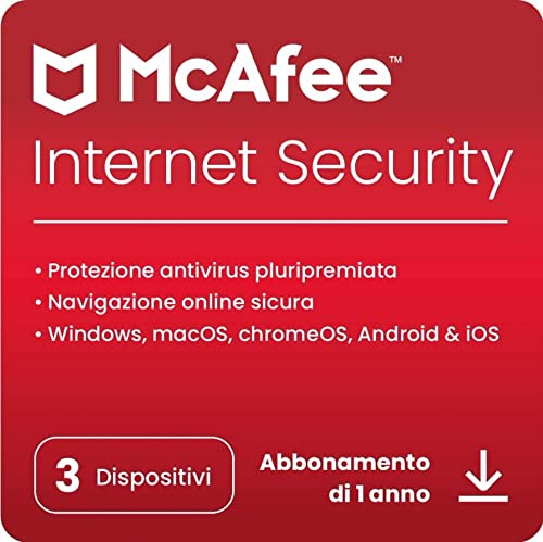 McAfee Internet Security 2022 | 3 dispositivi | Software antivirus e di sicurezza Internet | Windows Mac Android iOS | Abbonamento di 1 anno | Codice di download