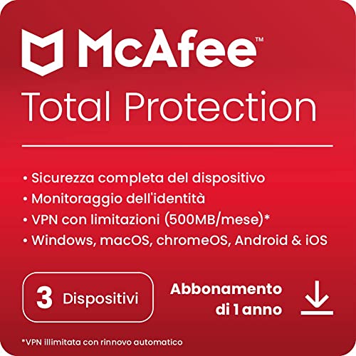 McAfee Total Protection 2023 | 3 dispositivi | Software antivirus per la sicurezza in Internet | VPN | Abbonamento di 1 anno | Codice d attivazione via email