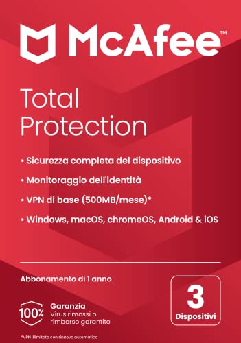 McAfee Total Protection 2023 | 3 dispositivi | Software antivirus per la sicurezza in Internet | VPN | Abbonamento di 1 anno | Scheda codice prodotto