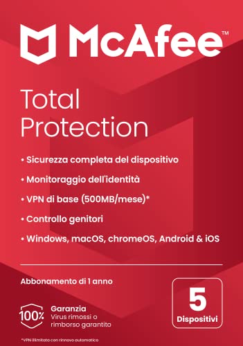 McAfee Total Protection 2023 | 5 dispositivi | Software antivirus per la sicurezza in Internet | VPN | Abbonamento di 1 anno | Scheda codice prodotto