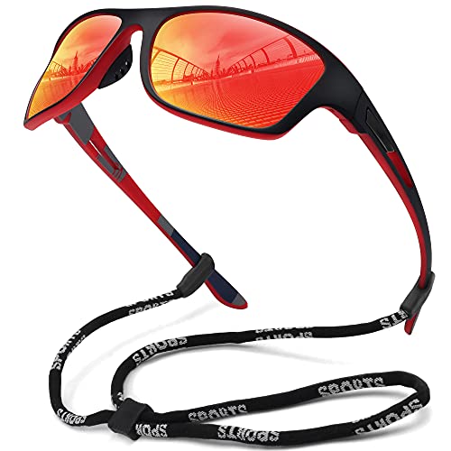 MEETSUN Occhiali da sole sportivi polarizzati per uomo Pesca Ciclismo Baseball Corsa e guida Protezione UV400 Cornice nera-Lente a specchio rosso