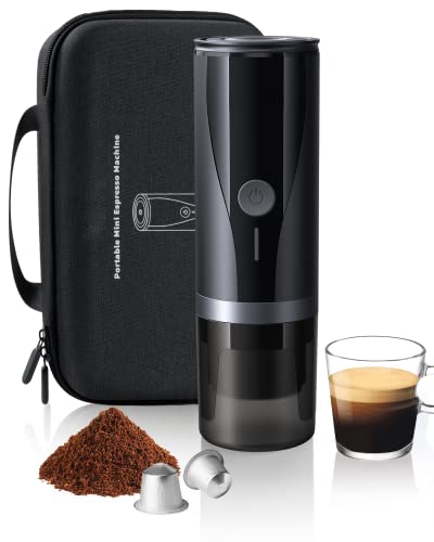 Mini macchina per caffè espresso portatile batteria con 3-4 minuti di autoriscaldamento, 20 bar caffettiera da viaggio per auto con custodia per il trasporto, Compatibile con Capsule e Caffe Macinato