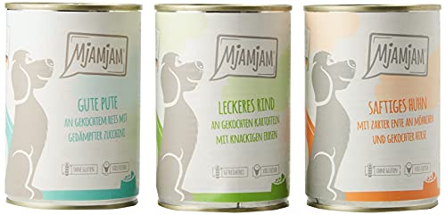 MjAMjAM Mangime Umido per Cani, Mix Pack i 2 Pollo & Anatra, 2 Bovino, 2 Tacchino e Riso - Pacco da 6 x 400 g