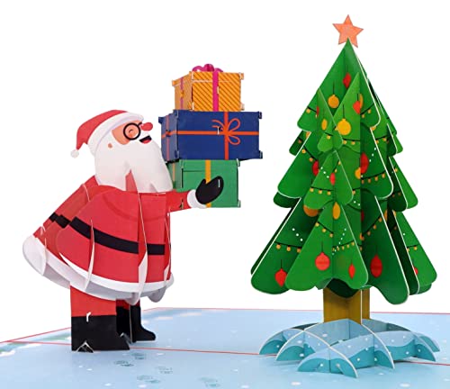 MOKIO Biglietto di Natale Pop-Up – Babbo Natale con regali e albero di Natale – Biglietto di auguri 3D per Natale, come buono regalo natalizio o per un regalo in denaro