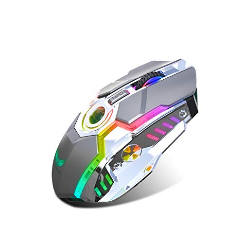 Mouse da Gioco Wireless Ricaricabile 2.4G con Ricevitore USB e Colori RGB Retroilluminati per Laptop, Computer PC e MacBook (Batteria al Litio 600 mAh) (Grigio)