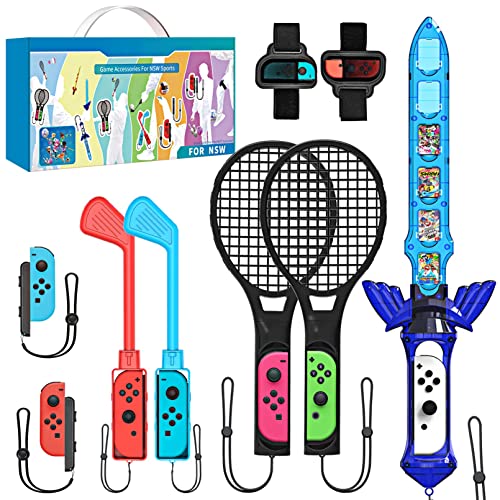 MROOYI [9 in 1] Kit di Accessori per Switch Sport Giochi, Compatibile con Nintendo Switch OLED, con Mazze da Golf, Racchette da Tennis, Cinturino Gambe da Calcio, Cinturino da Polso, Sword da Gioco