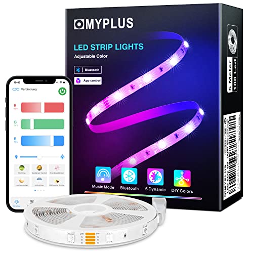 MYPLUS - Striscia LED RGB da 5 m, con Bluetooth, cambio colore e sincronizzazione musicale, controllabile tramite app, per casa, cucina e camera da letto, modalità sonno e scenario