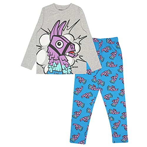 Fortnite Lama Jungen Lange Pyjamas Set Blau Weiß Heather Grey 146 | PS4 PS5 Xbox Gamer Geschenke, Schule Jungen Pjs, Kinderkleidung, Kindergeburtstags-Geschenk-Idee