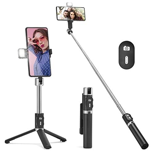 NEOBASE, Bastone Selfie Treppiede con Luce Led di Riempimento, Selfie Stick Estensibile da 107cm e Treppiede Flessibile per Telefono con Telecomando Wireless per iPhone Samsung Huawei