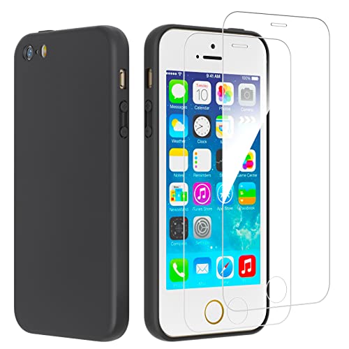 NEW C Cover per iPhone 5, iPhone 5S e iPhone Se 2016 in silicone custodia ultra sottile nero e 2× vetro temperato per iPhone 5, iPhone 5S e iPhone Se 2016, pellicola protettiva per schermo