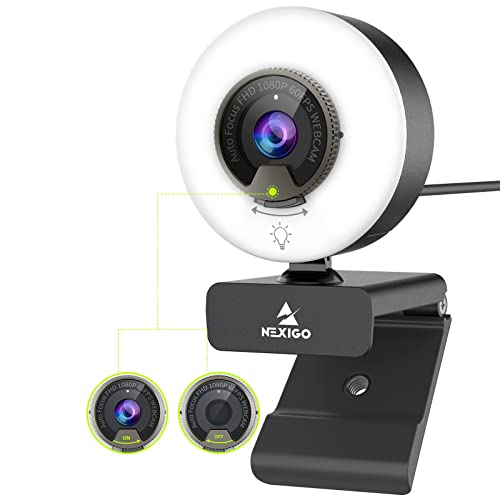 NexiGo N960E Webcam 1080P da 60 FPS con 2 Microfoni Stereo, luce ad anello e copertura, Telecamera USB per lo Streaming di corsi Online, Compatibile con Zoom Skype Facetime Teams