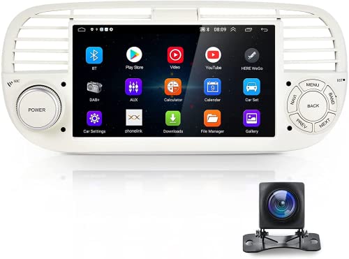 NHOPEEW Autoradio per Fiat 500 2007 2009 2009 2010 2011 2012 2013 2013 2015, [Bianco]Android 10.0 radio con Bluetooth telecamera retrovisore, supporto GPS Navigation FM WiFi DAB +