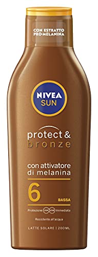 Nivea SUN Crema Solare Protect & Bronze FP6 in flacone da 200 ml, Crema abbronzante e idratante, Latte solare per un abbronzatura dorata, intensa e uniforme