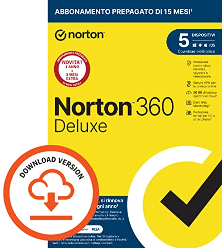 Norton 360 Deluxe 2023 | Antivirus per 5 dispositivi | Licenza di 15 mesi con rinnovo automatico | PC, Mac, tablet e smartphone | Codice d attivazione via email