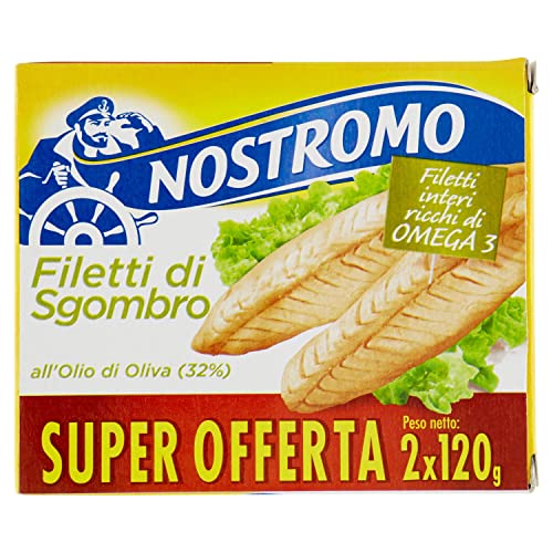 Nostromo - Filetti di Sgombro Interi all Olio di Oliva, Ricchi di Omega 3, Senza Conservanti, 2 Lattine da 120 gr