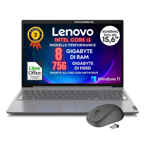 Notebook Lenovo Intel Core i3 velocita processore fino a 3,4ghz, Display Full Hd Led da 15,6  Ram 8gb DDR4, HSSD 756 Gb, Wifi, Webcam, Bt, Win11 Pro, Libre Office, Pronto All uso Gar. Italia