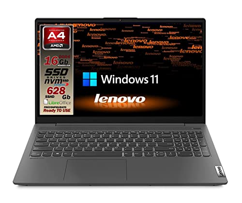 Notebook Lenovo SLIM 16 Gb DDR4, SSHD 628Gb, cpu Amd A4 3020 di ultima generazione, Display HD da 15,6 pollici, web cam, 3usb, hdmi, bt, Win 11 Pro, Pronto All uso, garanzia Italia