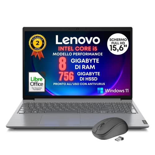 Notebook Lenovo SSD Intel i5 4 Core, Display FULL HD 15,6, Ram 8Gb DDR4 , SSHD da 756Gb, wifi, Bt, usb, Win11 Pro, Libre office, preconfigurato e pronto all uso + mouse wireless