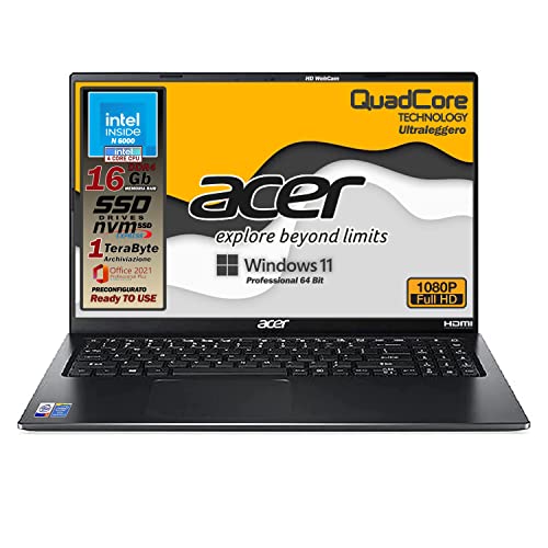 Notebook portatile Acer, Ram 16 Gb, Cpu Intel N 6000, 4 Core, SSHD da 1 Tb, Display 15.6  Full HD led, 3 USB, wi-fi, hdmi, BT, lan, Win 11 Pro, Office Pro, Pronto all Uso, Gar. e layout Italia