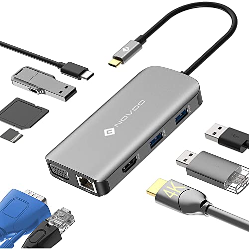 NOVOO Adattatore USB C Hub 9 in 1, Dual Display (HDMI 4K&VGA), USB C Docking Station con 1 Gbps Ethernet, lettore di schede SD Micro SD, 100W PD porta di alimentazione di tipo C per MacBook Pro XPS