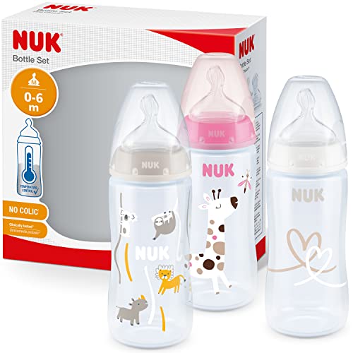 NUK First Choice+ set biberon | 0-6 mesi | Controllo temperatura | Sfiato Anti-Colica | Senza BPA | 300 ml | Tettarella in silicone | 3 pezzi | giraffa rosa