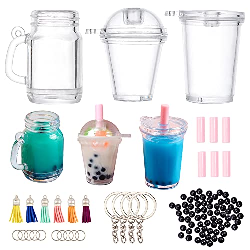 OLYCRAFT 204pcs Mini Milky Tea Keychain Accessories Bubble Tea Epoxy Resin Casting Kit Mini Cup Pendant Charms with Keychain Rings Tassels Bubbles Straws for Key Chian DIY And Earring Making