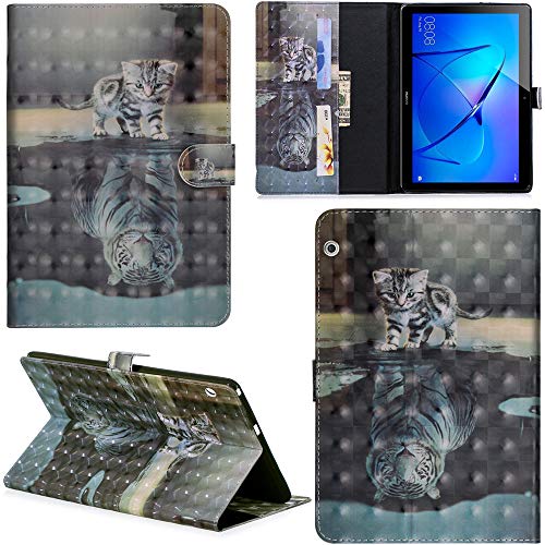 Ooboom Huawei MediaPad T3 10  Tablet Custodia 3D Smart Cover Flip Folio in Pelle PU Cuoio Copertura Case Wallet Portafoglio Supporto per Huawei MediaPad T3 10  Tablet - Gatto Tigre