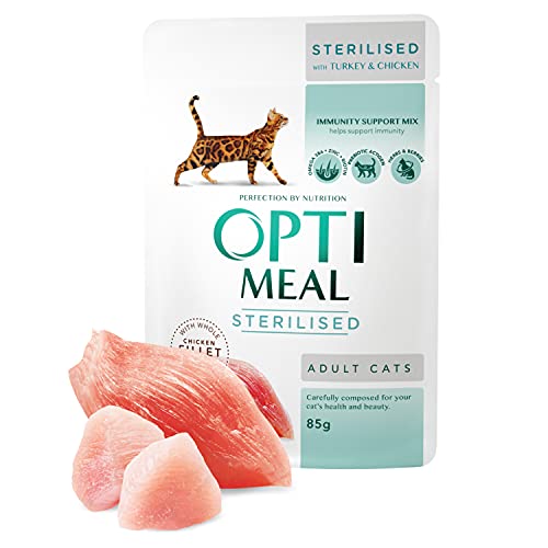 OPTIMEAL Super Premium. Cibo umido completo per gatti sterilizzati - Sterilised - Tacchino e filetto di pollo in salsa, box (12x85g)