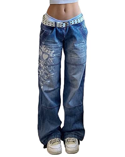 ORANDESIGNE Jeans Lunghi per Donna Alta Vita Jeans per Ragazza Tasche Laterali Strappati Pants Jeans Sfrangiati Larghi Pantaloni di Primavera Autunno Tinta Unita A Blu S
