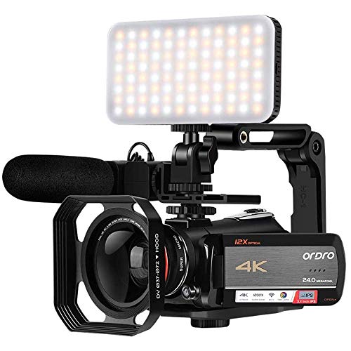 ORDRO Videocamera AC5 UHD con zoom ottico 12x Videocamera digitale WiFi HD 1080P 60FPS con microfono, luce video, obiettivo grandangolare