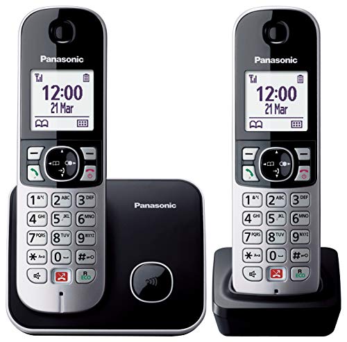 Panasonic KX-TG6852JTB Telefono Cordless DECT Doppio (Twin Pack), Schermo LCD 1.8 , Base Design Sottile e Compatto, Stazione Ricarica Aggiuntiva Inclusa, Nero
