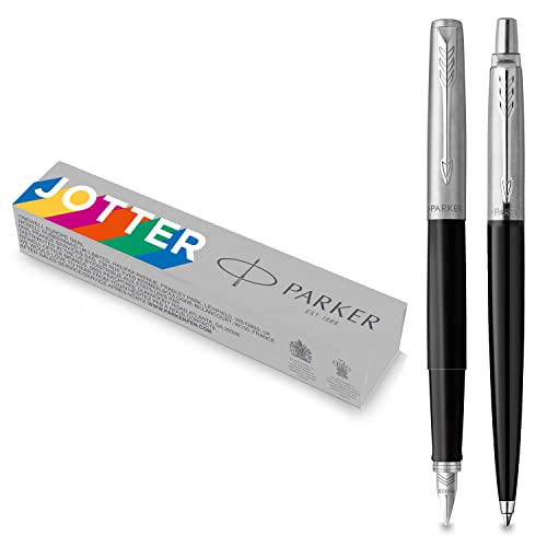 Parker Jotter Originals penna a sfera e penna stilografica collezione | finitura classica color nero e blu | pennino medio e punta media | inchiostro blu e nero | 5 pezzi