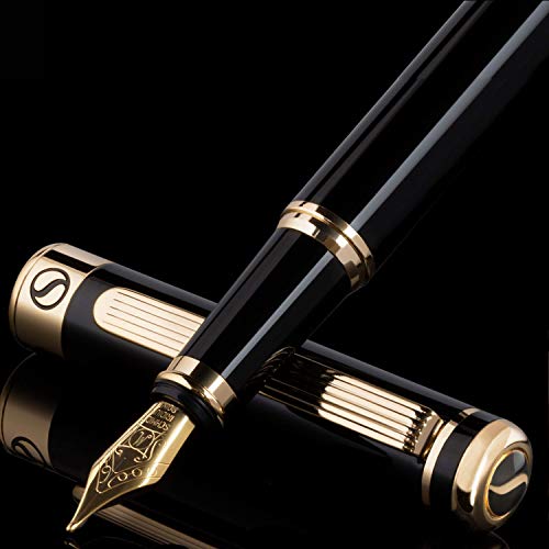 Penna stilografica Scrivener nera Premium - Splendida penna stilo con finitura oro 24 carati, pennino dorato 18 carati Schmidt (medio),lacca nera