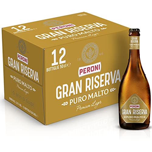 Peroni Birra Gran Riserva Puro Malto, Cassa Birra con 12 Birre in Bottiglia da 50 cl, 6 L, Premium Lager dal Gusto Pieno e Rotondo, Gradazione Alcolica 5.2% Vol