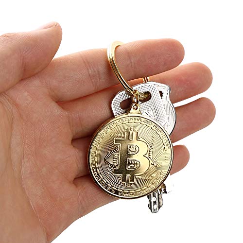 PfX Bitcoin - Portachiavi a forma di moneta in vero oro 24 carati, con anello portachiavi per il fissaggio (oro)