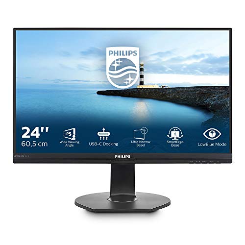 Philips 241B7QUPBEB Monitor LED 24 , Full HD 1920 x 1080, IPS, Dock USB-C, Regolabile in Altezza, Girevole, Pivot, Hub USB, RJ45, Powersensor, Low Blue Mode, Flicker Free, Vesa, Nero