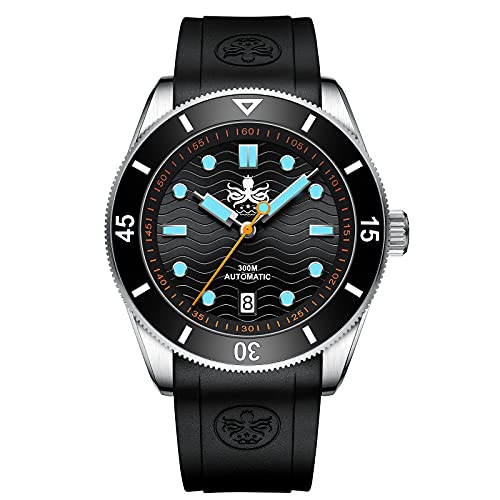 PHOIBOS orologio subacqueo da uomo automatico 300m con quadrante nero ondulato e cinturino in caucciù Wave Master PY010CR