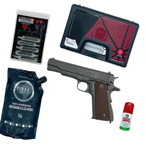 Pistola Softair Cybergun Colt 1911 PARKER Semiautomatica Full Metal C02 Potenza 0,9 Joule Kit Con Valigetta + 5 Bombolette C02 + Pallini 1kg + Olio Ballistol Universale 25ml