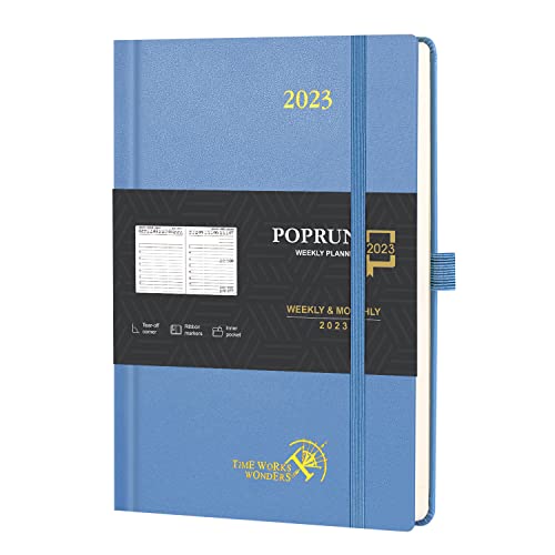 POPRUN Agenda 2023 Settimanale Verticale 21,5 x 16,5 cm - Planner 2023 A5 con Copertina Rigida, Carta da 80 gsm Certificata FSC - Blu foschia