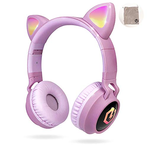 PowerLocus Cuffie Bluetooth per Bambini, Senza-Fili Cuffie Over-Ear, Limitatore audio a 85 dB, con orecchie LED, Pieghevole, Con Microfono, Micro SD, Sacchetto da Trasporto per iPhone,Samsung,PC,TV
