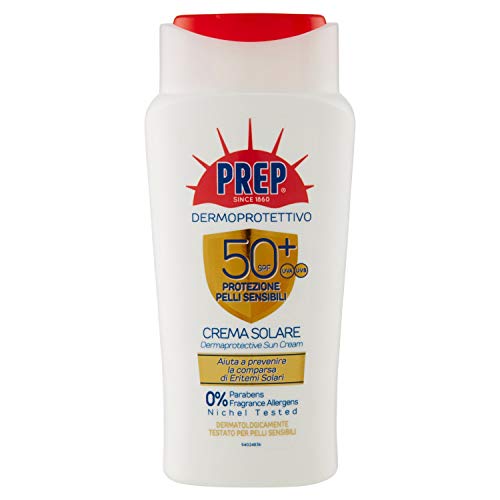 PREP, Crema Solare SPF50 +, Protezione Solare, Protezione Raggi UVA UVB, per Pelli Sensibili e Delicate, senza Parabeni, Formato 200 ml