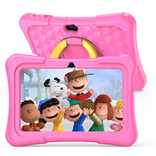 PRITOM Kids Tablet 7 pollici Android 11, 2 GB RAM 32 GB ROM BT WiFi Doppia fotocamera Giochi educativi Parental Control, Software per bambini con tipo C, Rosa
