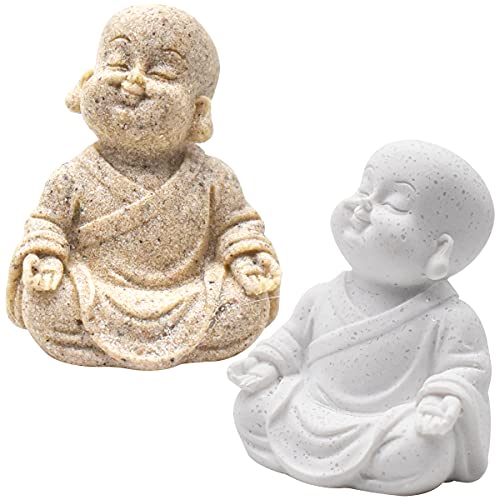 Qixuer 2 Pezzi Carino Piccolo Monaco Statua di Pietra,Buddha Statua di Maitreya Sit Desktop di Figurine di Ornamenti Figurine Sculture di Feng Shui da Tavolo Decorazioni per Acquario Decor