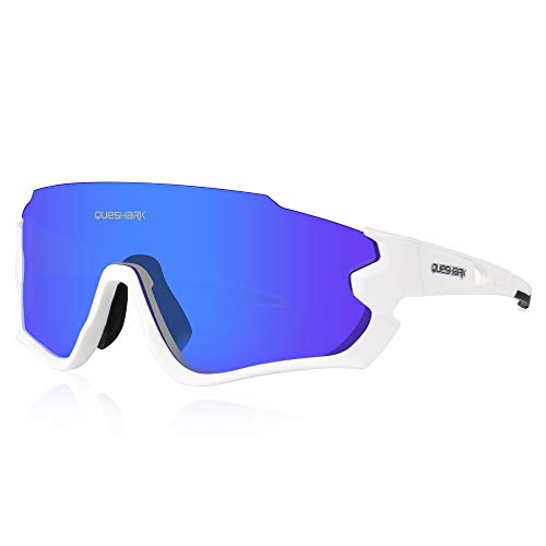 Queshark Polarizzati Occhiali Ciclismo con 4 Lenti Intercambiabili Occhiali Bici Occhiali Sportivi da Sole Anti UV da Uomo Donna per Corsa,MTB QE44 (Bianco)