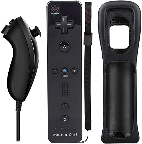 QUMOX Telecomando Wii, 2 in 1 Motion Plus Integrato Remote di Gioco Controller con Custodia in Silicone e Cinturino da Polso per N. Wii e Wii U Nero