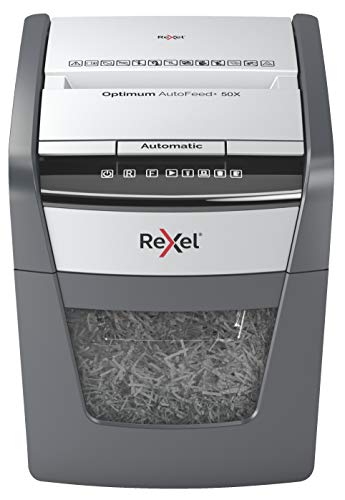 Rexel Optimum AutoFeed+ 2020050XCH - Distruggidocumenti automatico, 50 fogli, livello di sicurezza P4, taglio a particelle, per casa casa e ufficio