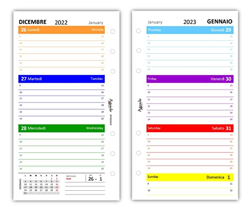Ricambio agenda settimanale COLORS 9,5 x 17 bilingua (carta 90 gr) in 7 colori - 2023