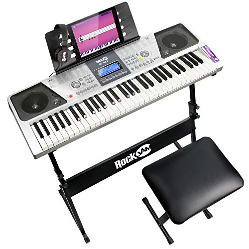 RockJam kit per pianoforte con tastiera a 61 tasti con panca per pianoforte digitale, supporto per pianoforte elettrico, cuffie, adesivi per le note del pianoforte e lezioni tramite l’app Simply Piano