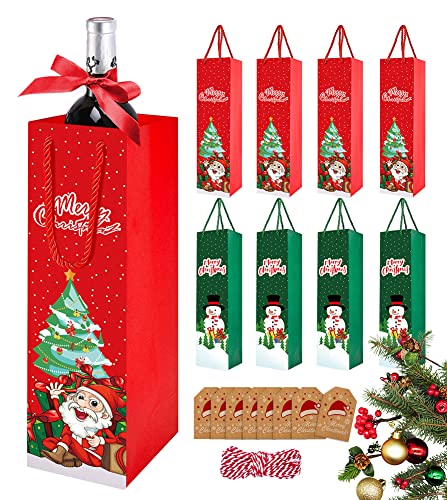 Sacchetti Bottiglie Vino di Natale, 8 Confezione Sacchetti Porta Bottiglie di Vino Natalizi con manico e Etichette Regalo in Carta Kraft, Sacchetti Regalo per Bottiglie di Vino Natalizie Rosso Verde